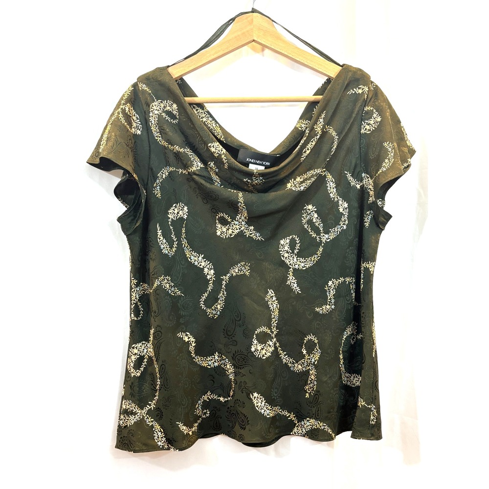 Jones‎ New York 100% Silk Women's Blouse, Olive Green Floral Drape Neck, Size 16